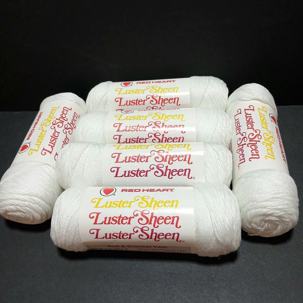 Vtg. Red Heart Luster Sheen Acrylic Yarn, Lot of 6 Skeins, A,94 White #001 New